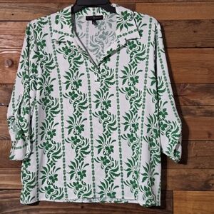 Tropical Floral Top Green White Tie Sleeve Resort  Hawaiian Beach Casual Summer